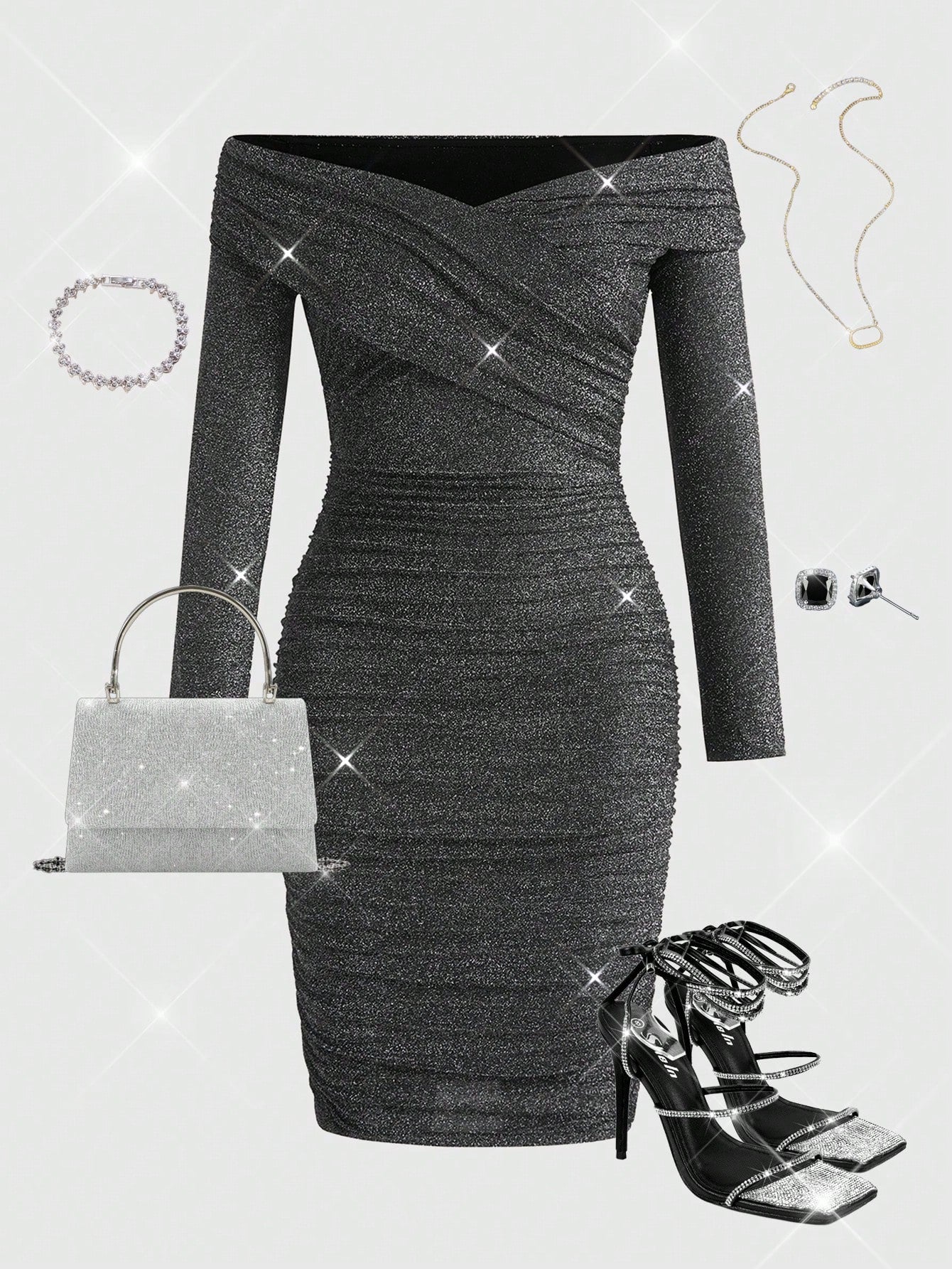 Women Elegant Sexy Off-Shoulder Ruched Glitter Knit Party Dress