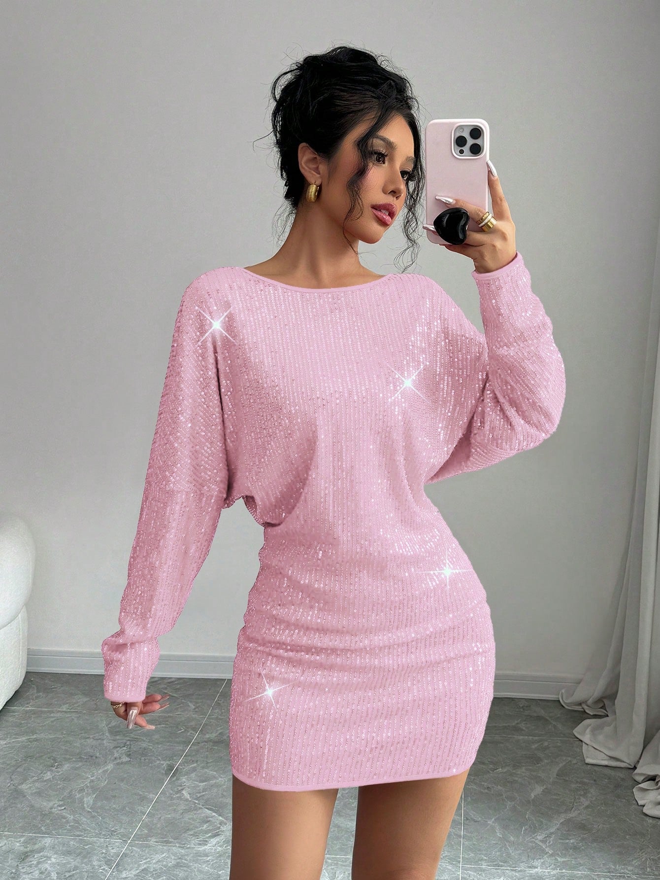 Elegant Sequin Batwing Sleeve Asymmetrical Neck Party Dress, Suitable For Christmas, New Year Celebration