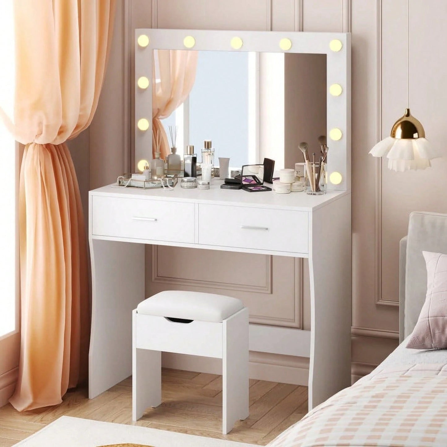Christmas Decor Vanity Mirror With Lights Desk And Chair, Makeup Vanity Desk  Vanity Table With Large Storage Drawers And Shelves,Christmas Gift For Girls