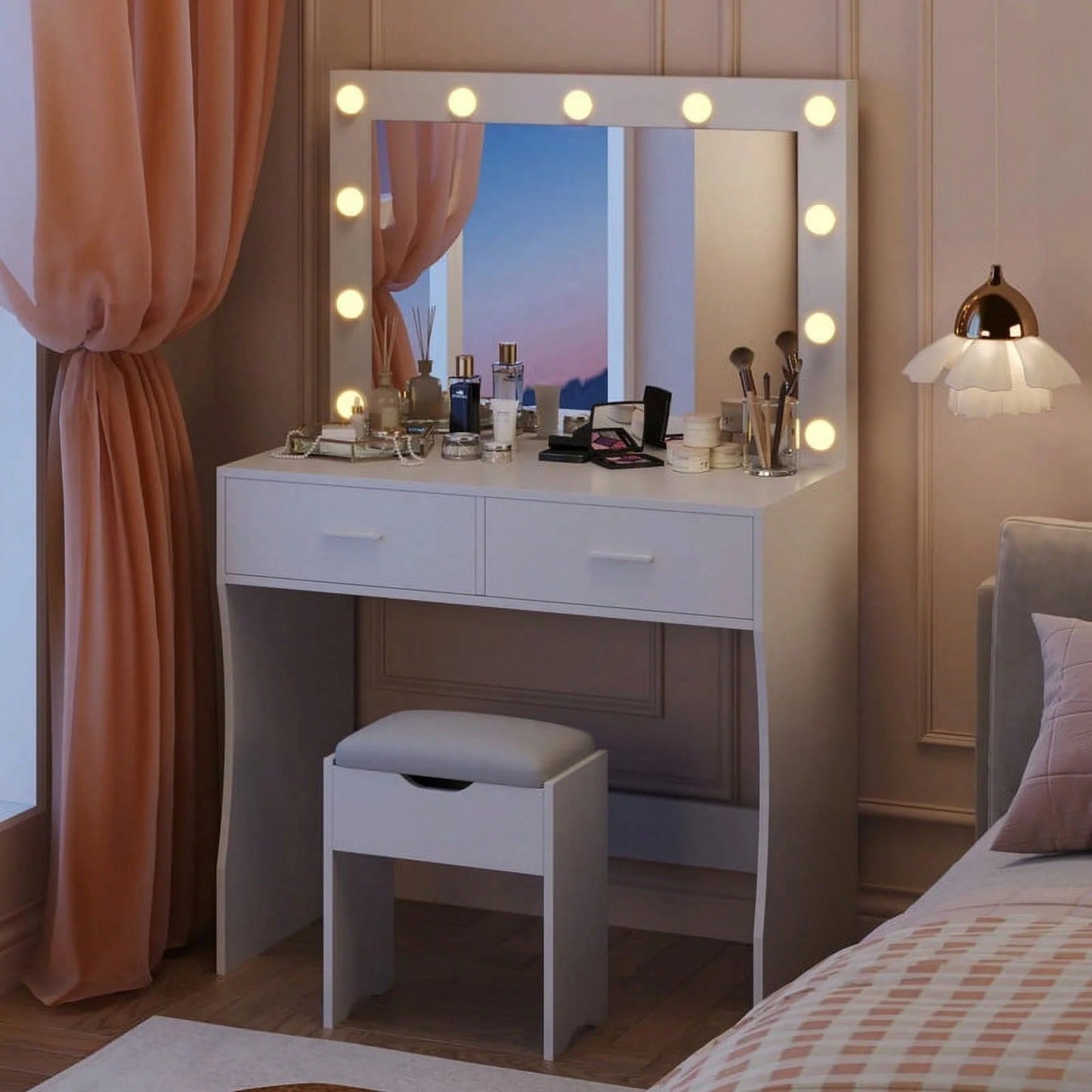 Christmas Decor Vanity Mirror With Lights Desk And Chair, Makeup Vanity Desk  Vanity Table With Large Storage Drawers And Shelves,Christmas Gift For Girls
