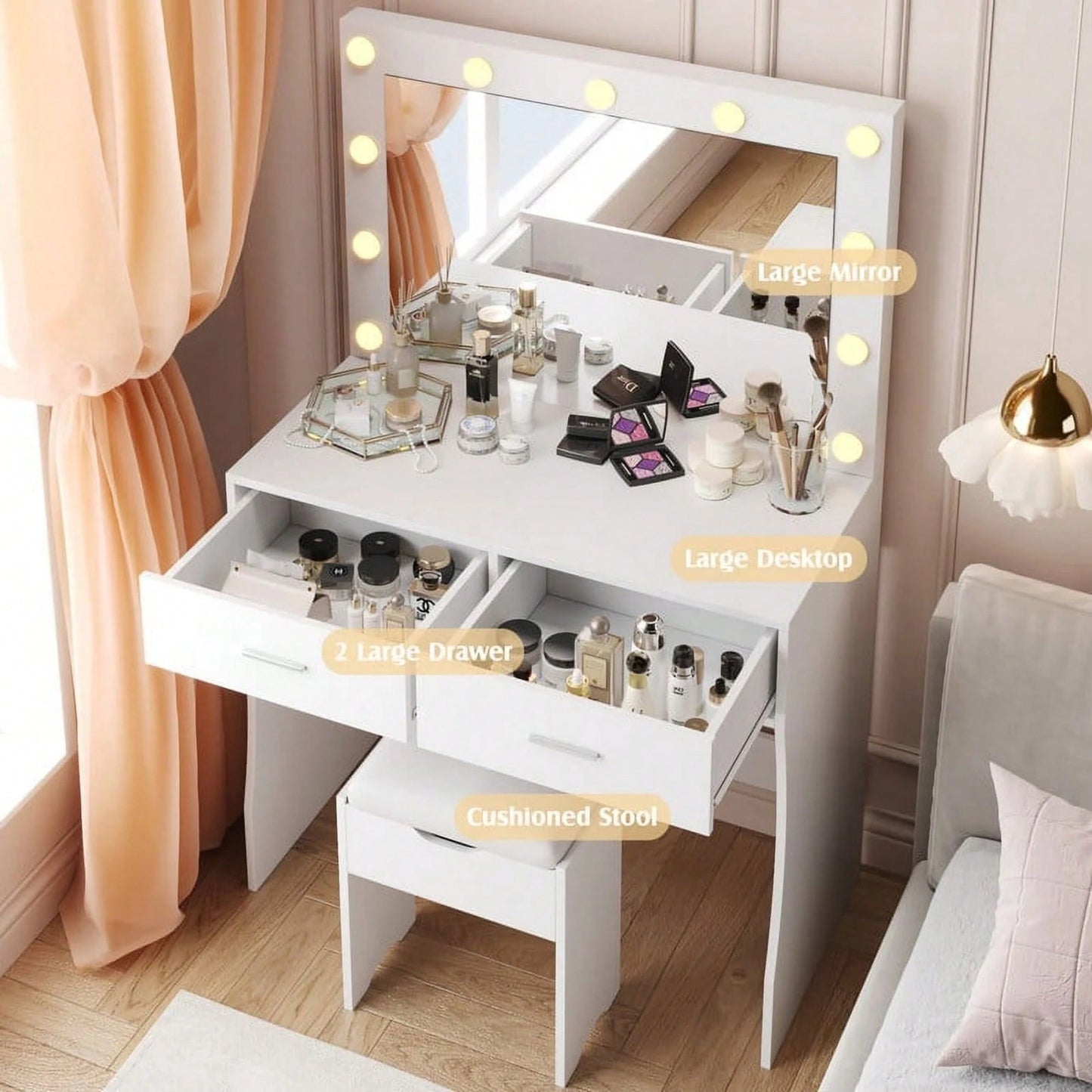 Christmas Decor Vanity Mirror With Lights Desk And Chair, Makeup Vanity Desk  Vanity Table With Large Storage Drawers And Shelves,Christmas Gift For Girls