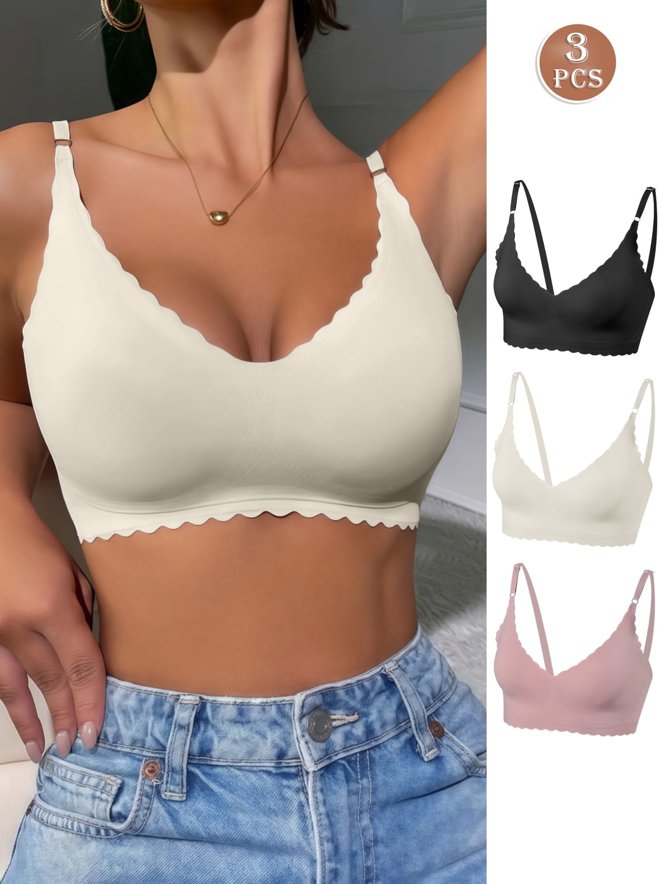 3pcs Women's Solid Color Wave Edge Seamless No Steel Ring Comfortable Breathable Bra