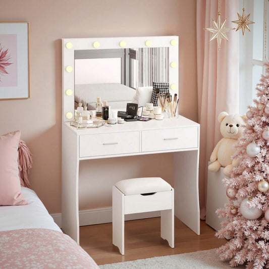 Christmas Decor Vanity Mirror With Lights Desk And Chair, Makeup Vanity Desk  Vanity Table With Large Storage Drawers And Shelves,Christmas Gift For Girls