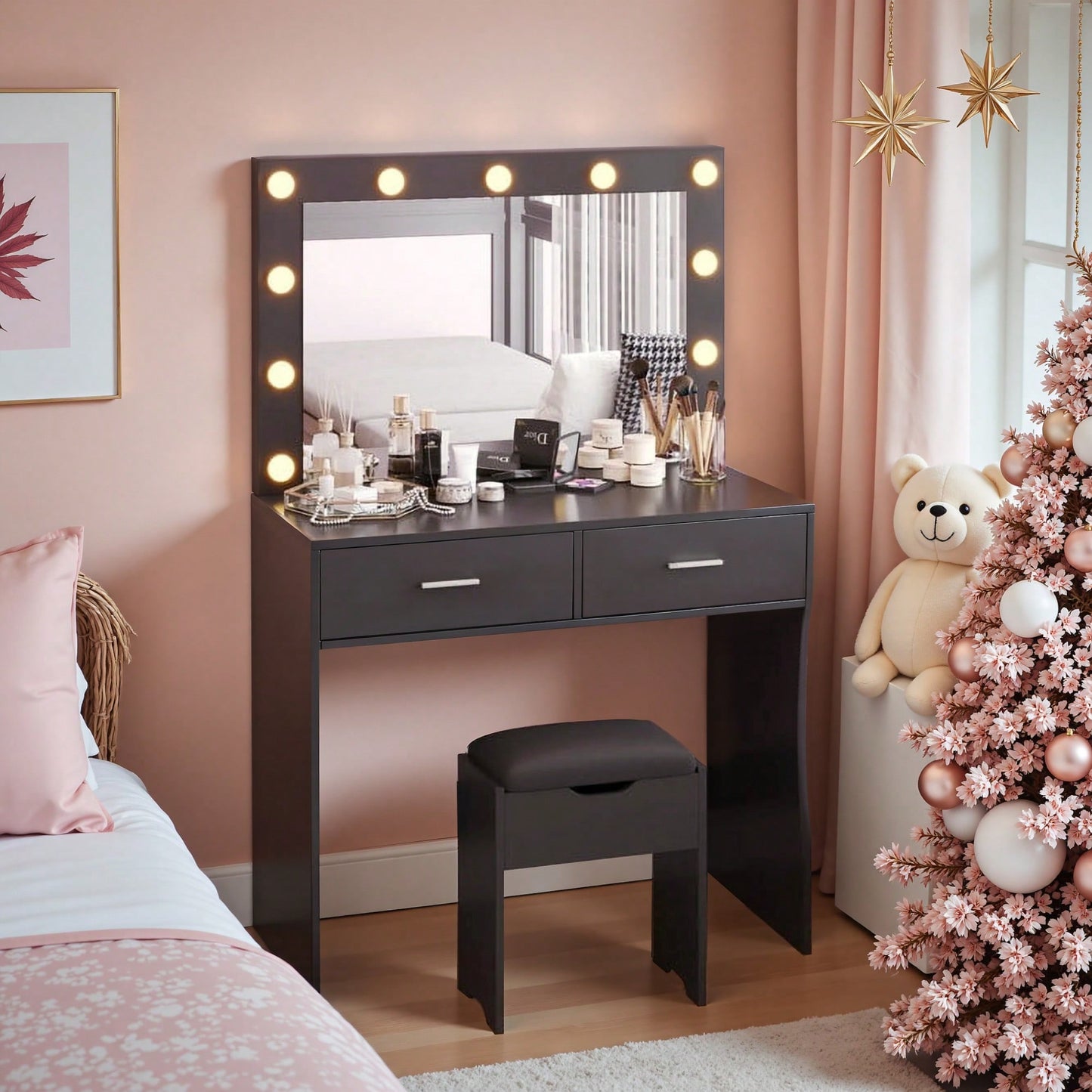Christmas Decor Vanity Mirror With Lights Desk And Chair, Makeup Vanity Desk  Vanity Table With Large Storage Drawers And Shelves,Christmas Gift For Girls