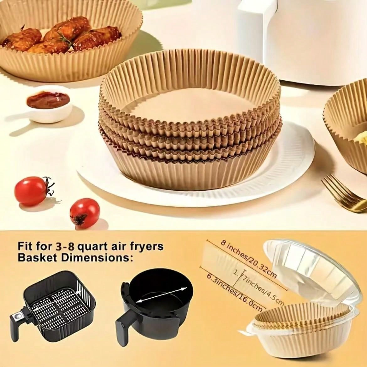100pcs, Square Disposable Air Fryer Liners (6.3in/8in), Paper Air Fryer Liner Pots, Paper Basket Bowls, Baking Trays, Oven Accessories, Baking Tools, Kitchen Gadgets, Kitchen Accessories