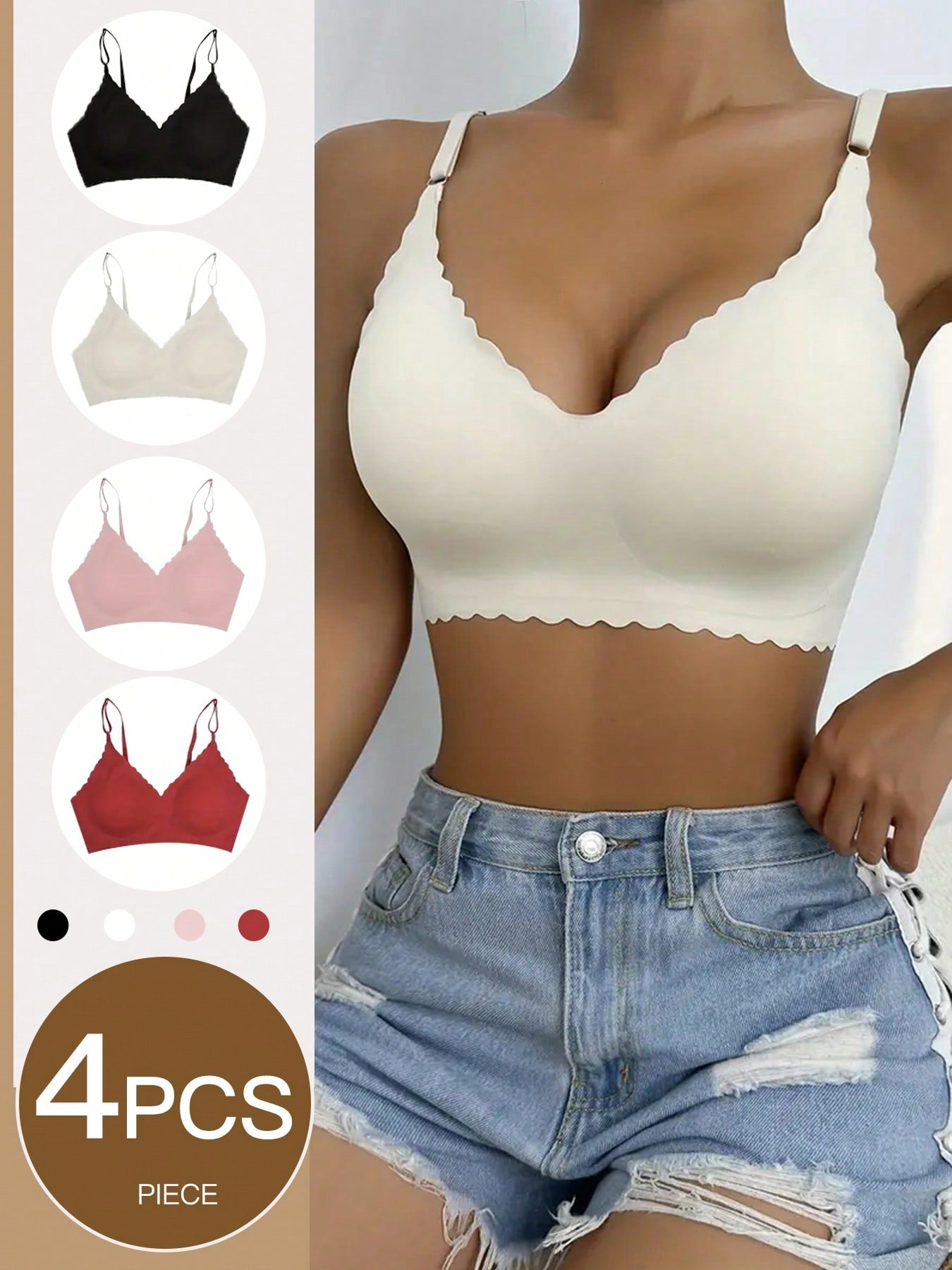 4-Piece Seamless Women's Bra - Comfortable Steel Ring Free Removable Pad, Solid Color, Elastic Nylon And Spandex Blended