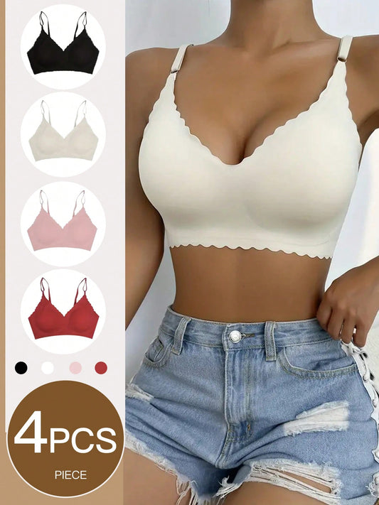 4-Piece Seamless Women's Bra - Comfortable Steel Ring Free Removable Pad, Solid Color, Elastic Nylon And Spandex Blended