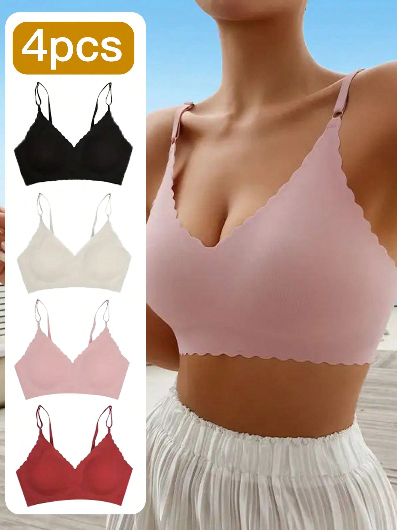 4-Piece Seamless Women's Bra - Comfortable Steel Ring Free Removable Pad, Solid Color, Elastic Nylon And Spandex Blended