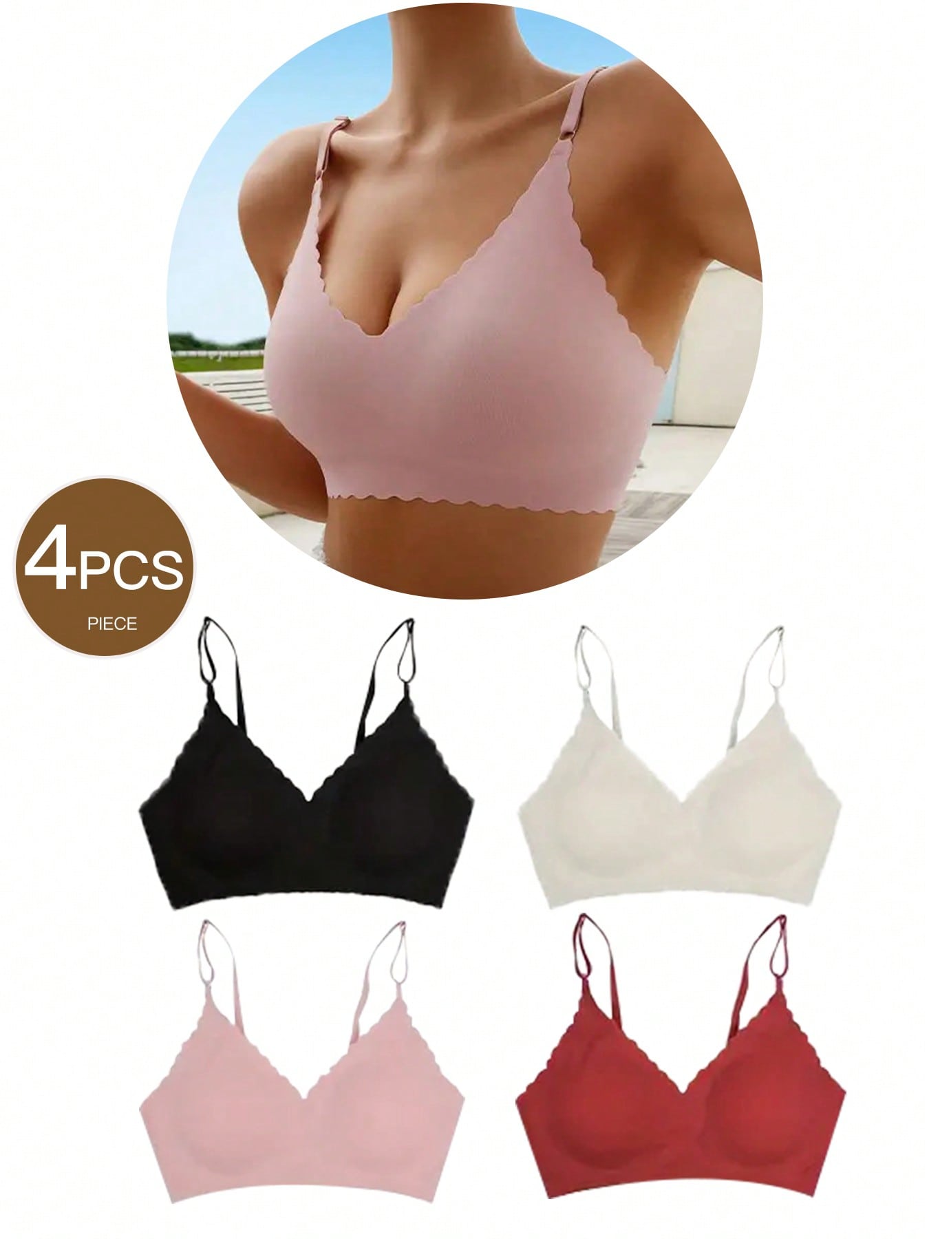 4-Piece Seamless Women's Bra - Comfortable Steel Ring Free Removable Pad, Solid Color, Elastic Nylon And Spandex Blended