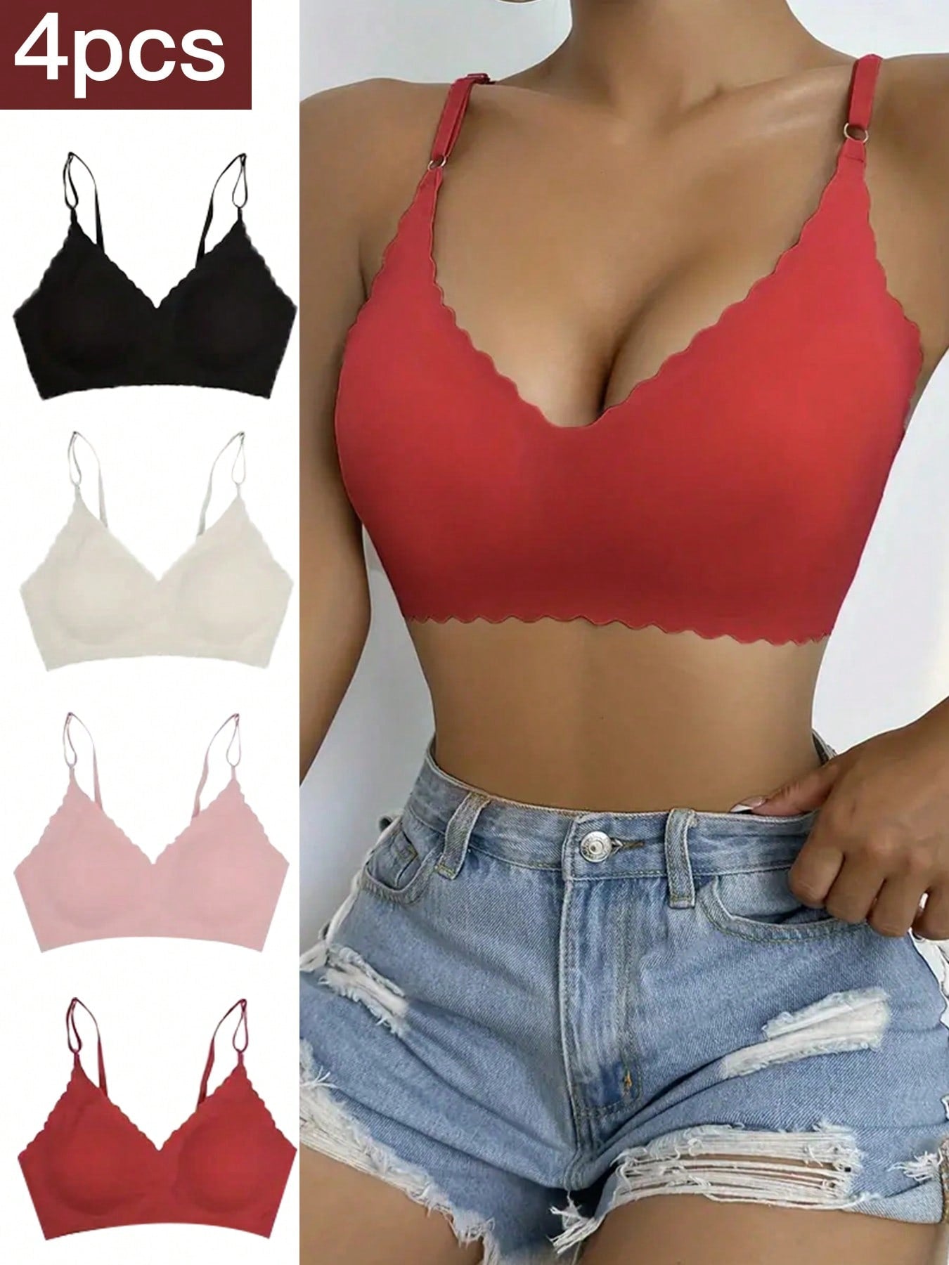 4-Piece Seamless Women's Bra - Comfortable Steel Ring Free Removable Pad, Solid Color, Elastic Nylon And Spandex Blended