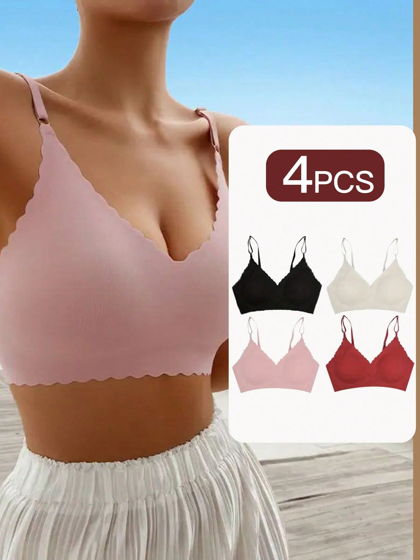 4-Piece Seamless Women's Bra - Comfortable Steel Ring Free Removable Pad, Solid Color, Elastic Nylon And Spandex Blended