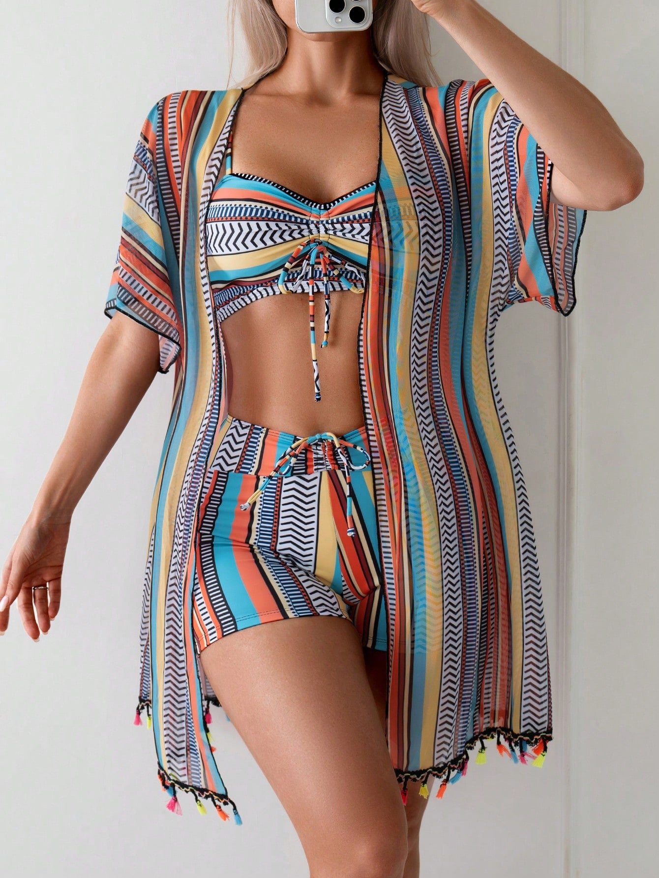 3-Piece Women's Striped Bandeau Bikini Set Swimsuit With Cover Up