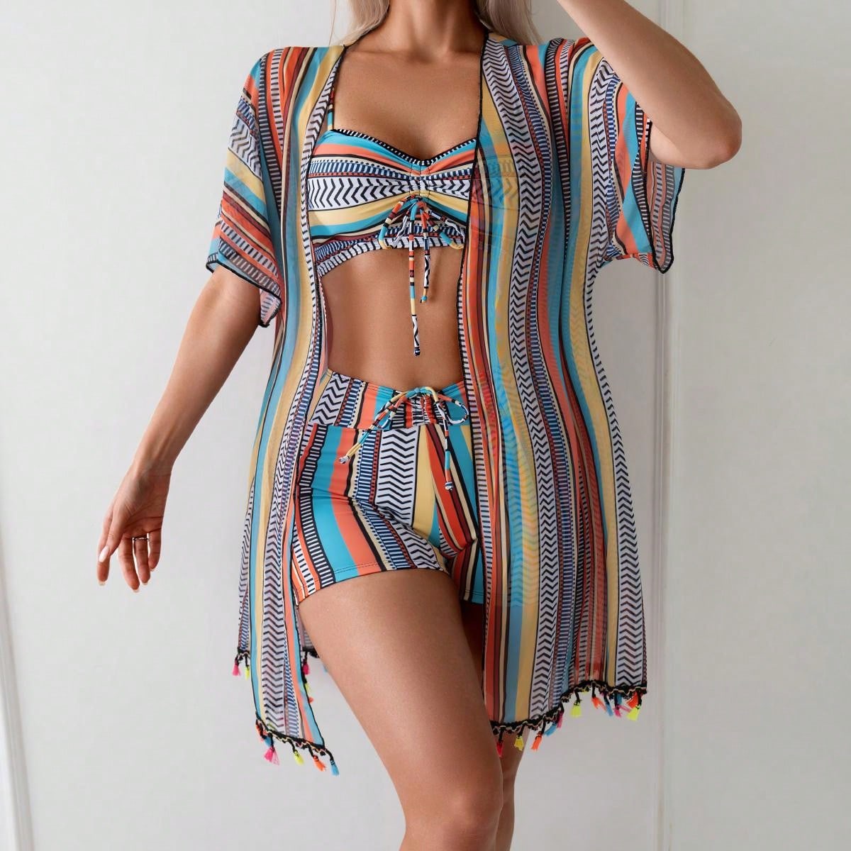 3-Piece Women's Striped Bandeau Bikini Set Swimsuit With Cover Up
