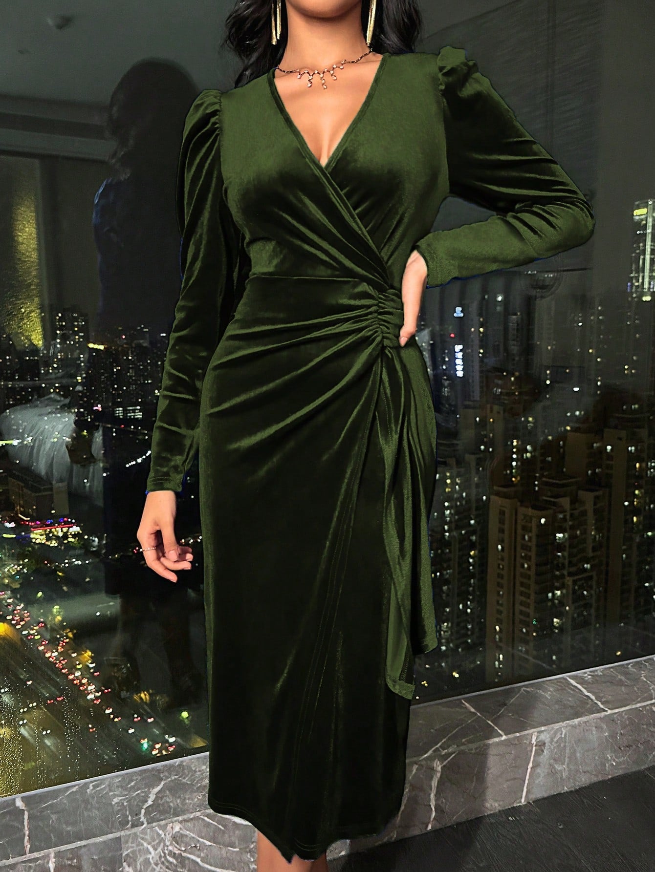 Velvet Cross Wrap Dress Burgundy Maxi Women Outfit