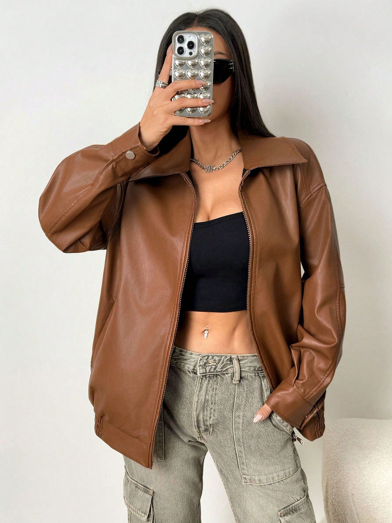 Women's Fall Essentials Casual Leather With Pockets Comfy Black Baggy Lapel Collar Long Sleeve Jacket