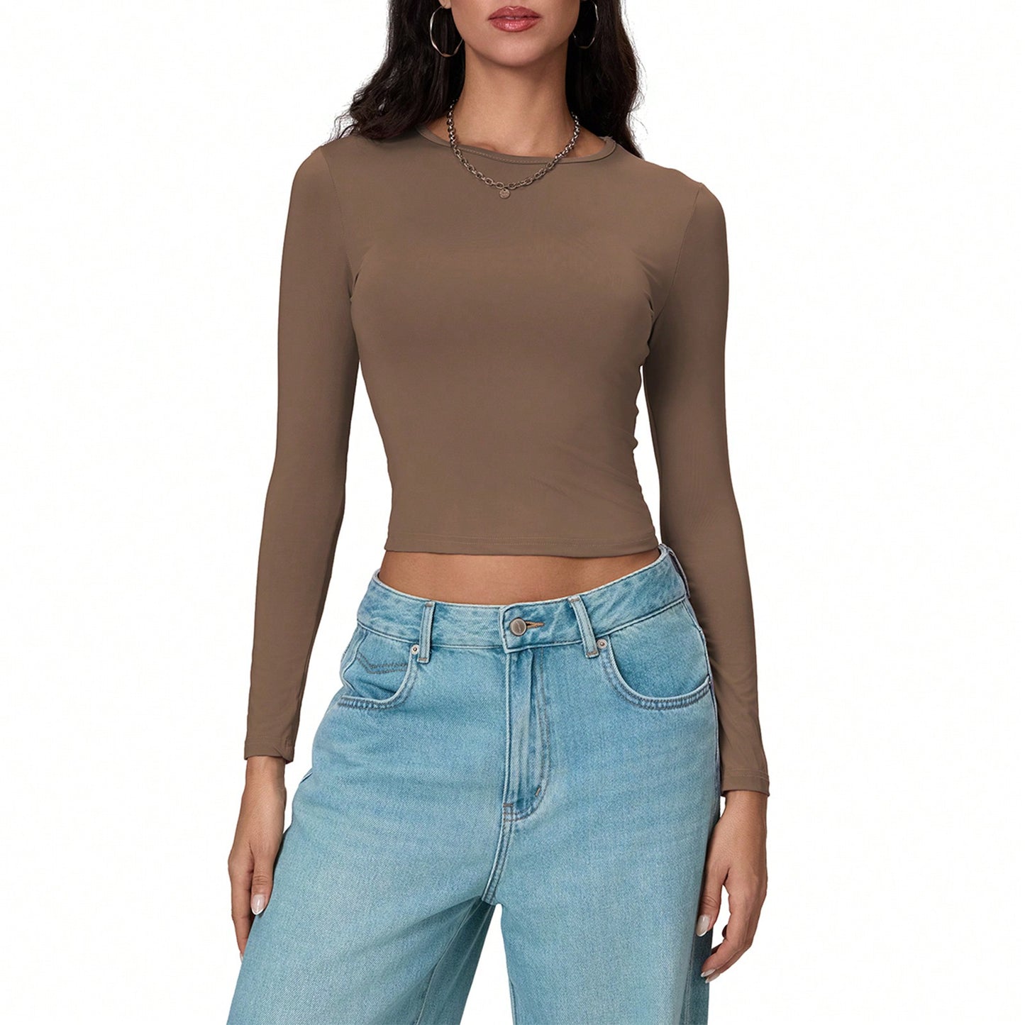 Womena cute S Autumn Slim Cropped Tops, Solid Color Round-Neck Long Sleeve Show Navel T-Shirt