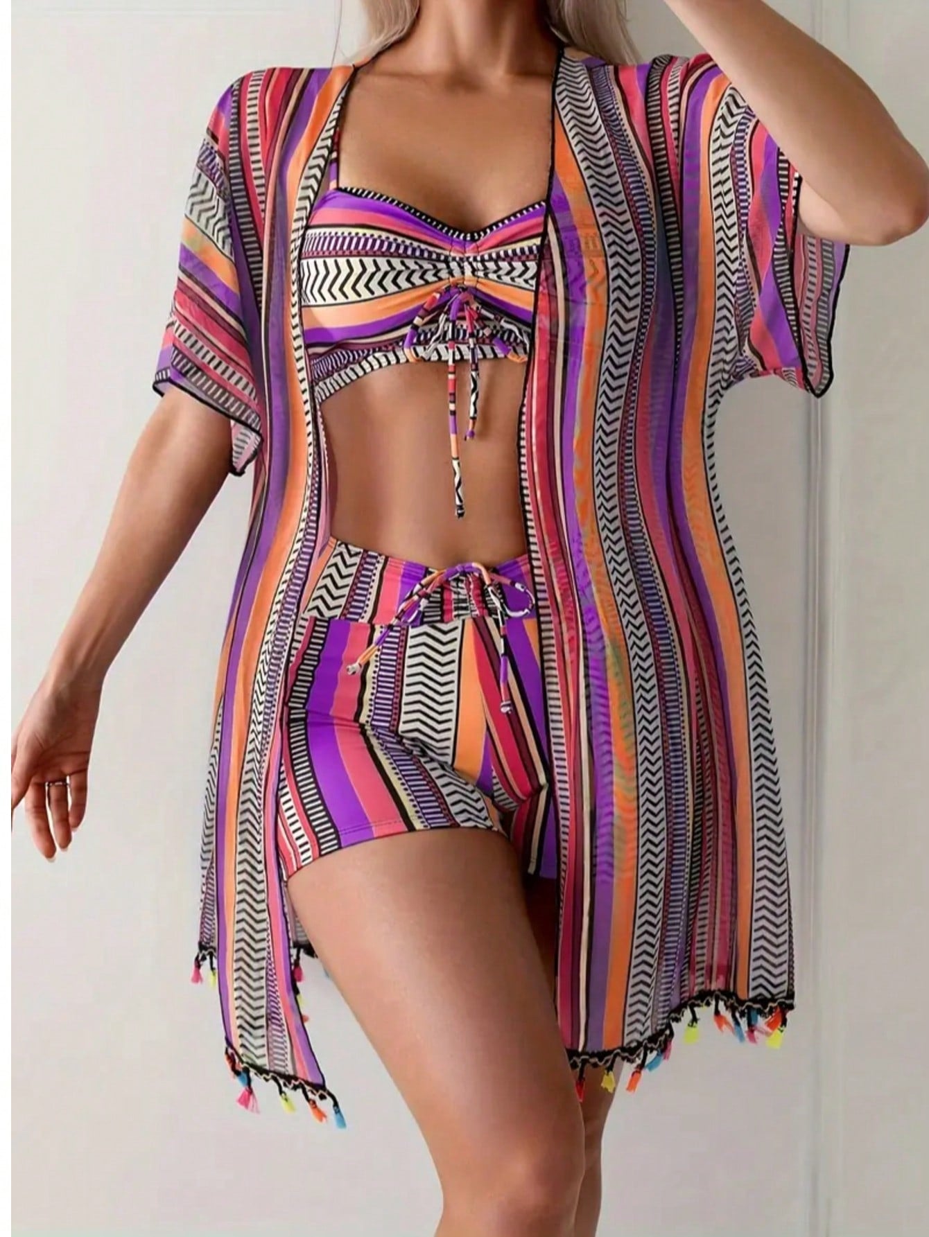 3-Piece Women's Striped Bandeau Bikini Set Swimsuit With Cover Up