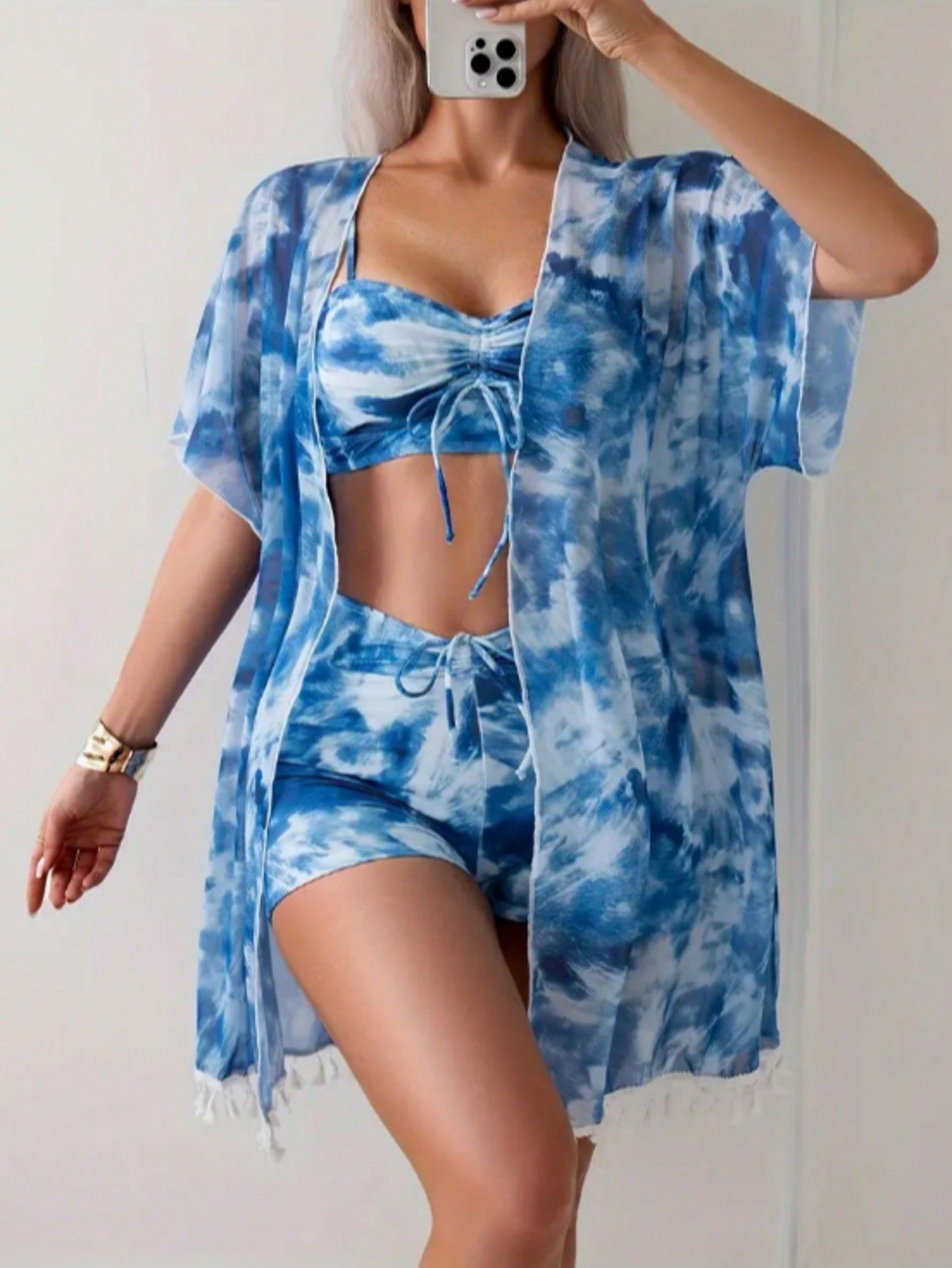 3-Piece Women's Striped Bandeau Bikini Set Swimsuit With Cover Up