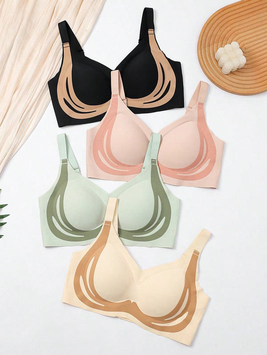 4pcs Women's Wire-Free Push Up Bra, Lifting And Gathering, Anti-Sagging, Side Breast Adjustment Seamless Bra, Comfortable And Beautiful Back Tube Top Underwear