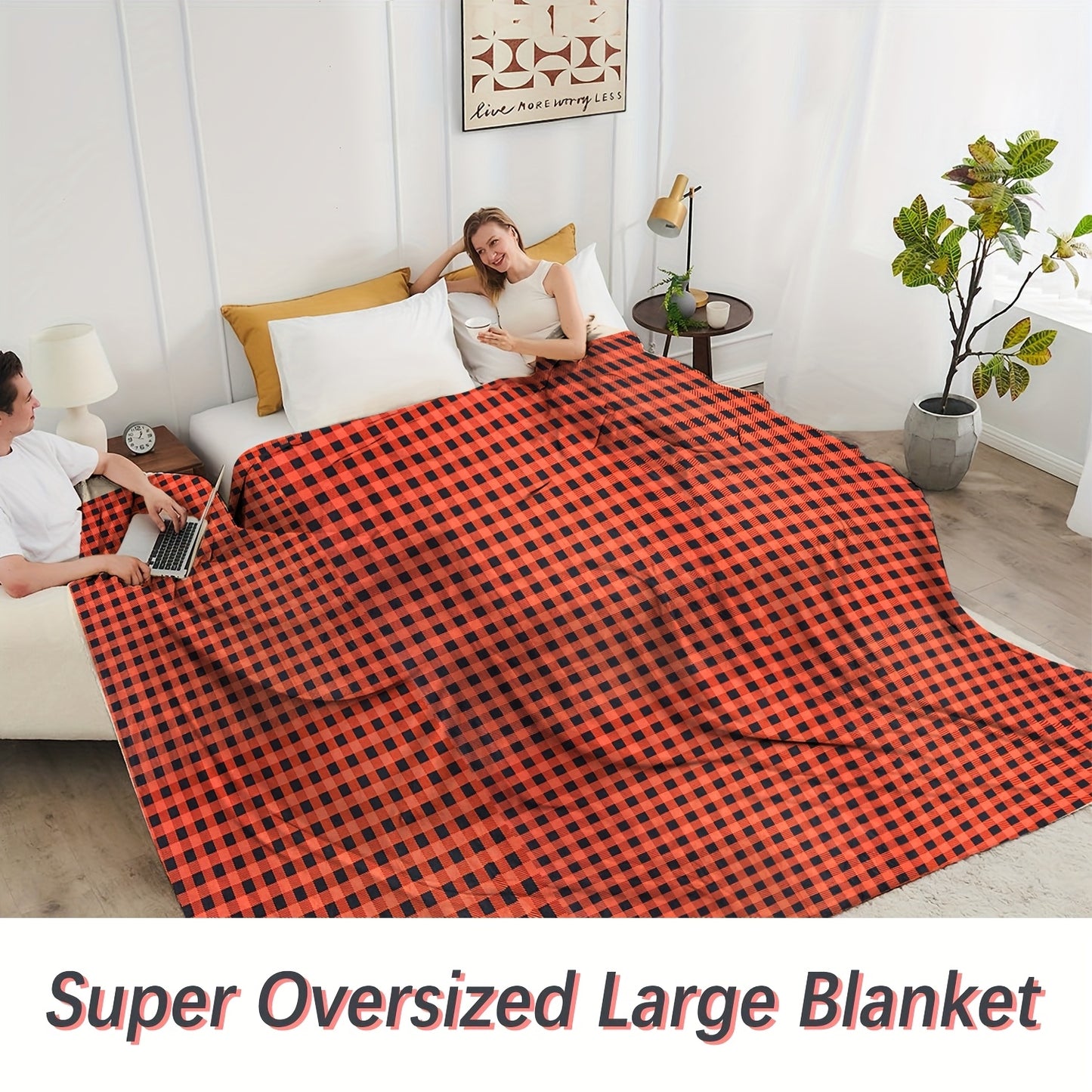 Extra Large Oversized Throw Blanket - 120x120 Inch, Double-Sided Gingham Print in Black & Red, Soft & Warm Non-Shedding Milky Plush Flannel, 450GSM Thick - Ideal for Bedroom, Sofa, Couch, Travel, Camping - Family Size, Camping Essential|Gingham Pattern Bl