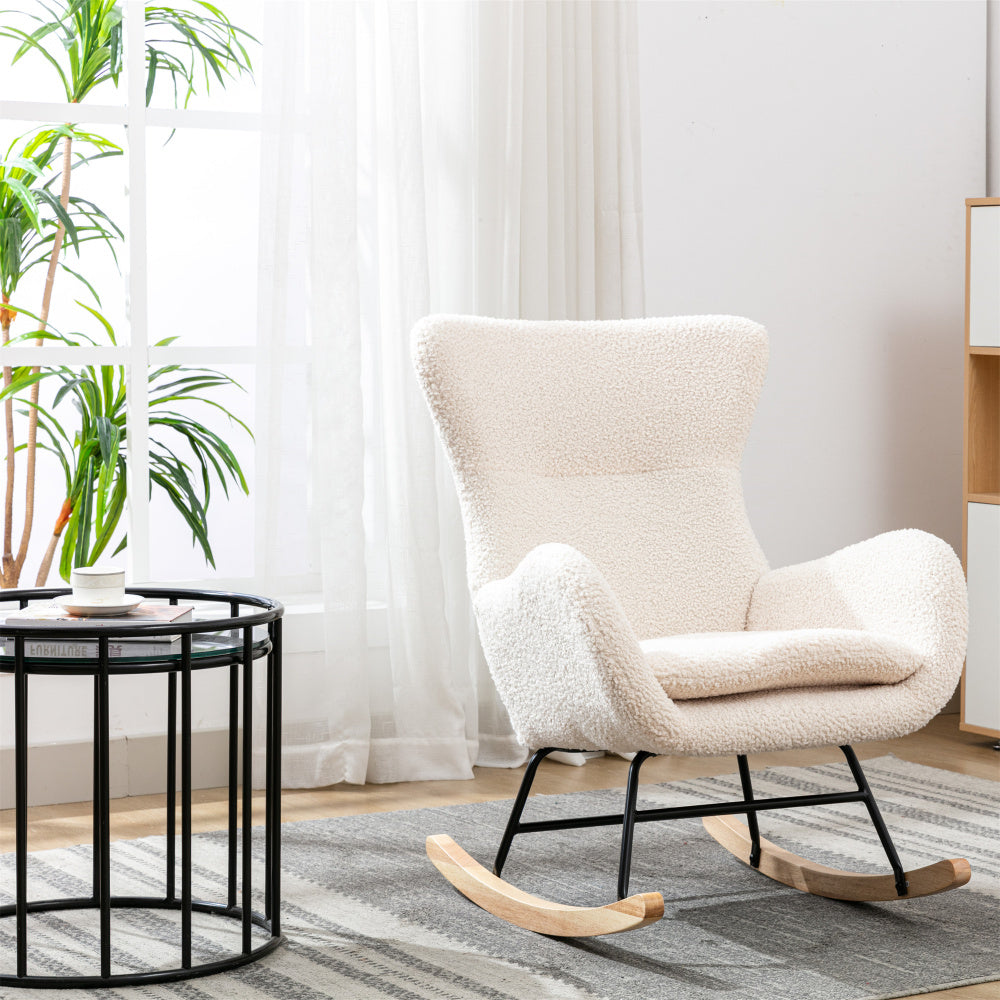 Velvet Fabric Padded Seat Rocking Chair With High Backrest And Armrests