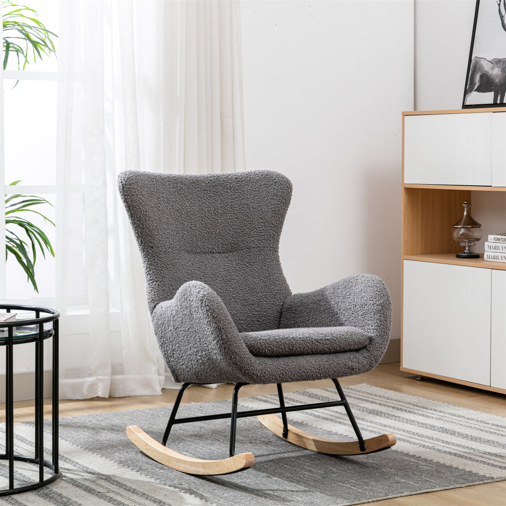 Velvet Fabric Padded Seat Rocking Chair With High Backrest And Armrests