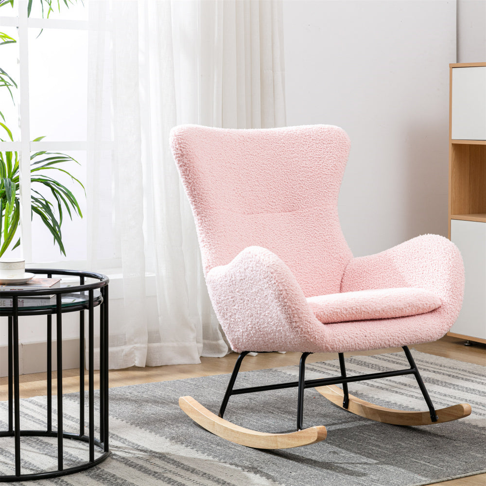 Velvet Fabric Padded Seat Rocking Chair With High Backrest And Armrests