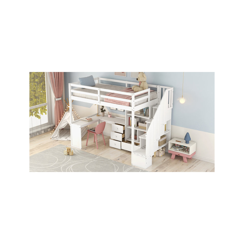 Twin Size Loft Bed with L-Shaped Desk and Drawers, Cabinet and Storage Staircase, White
