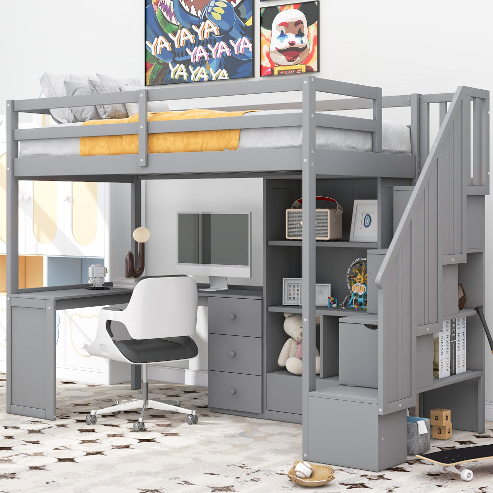 Twin Size Loft Bed with L-Shaped Desk and Drawers, Cabinet and Storage Staircase, White