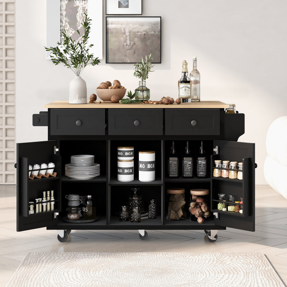 Kitchen Cart with Rubber wood Drop-Leaf Countertop ,Cabinet door internal storage racks,Kitchen Island on 5 Wheels with Storage Cabinet and 3 Drawers for Dinning Room, Grey Blue