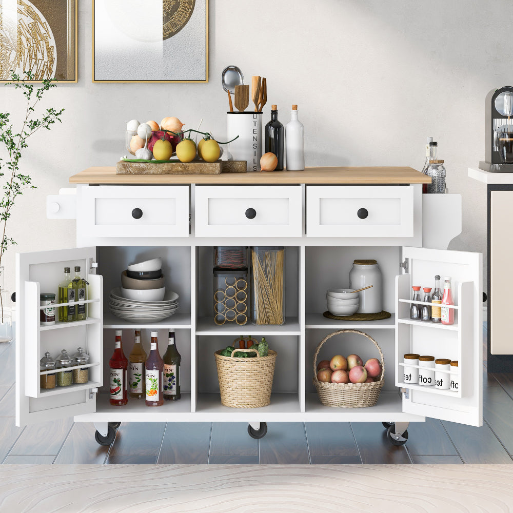 Kitchen Cart with Rubber wood Drop-Leaf Countertop ,Cabinet door internal storage racks,Kitchen Island on 5 Wheels with Storage Cabinet and 3 Drawers for Dinning Room, Grey Blue