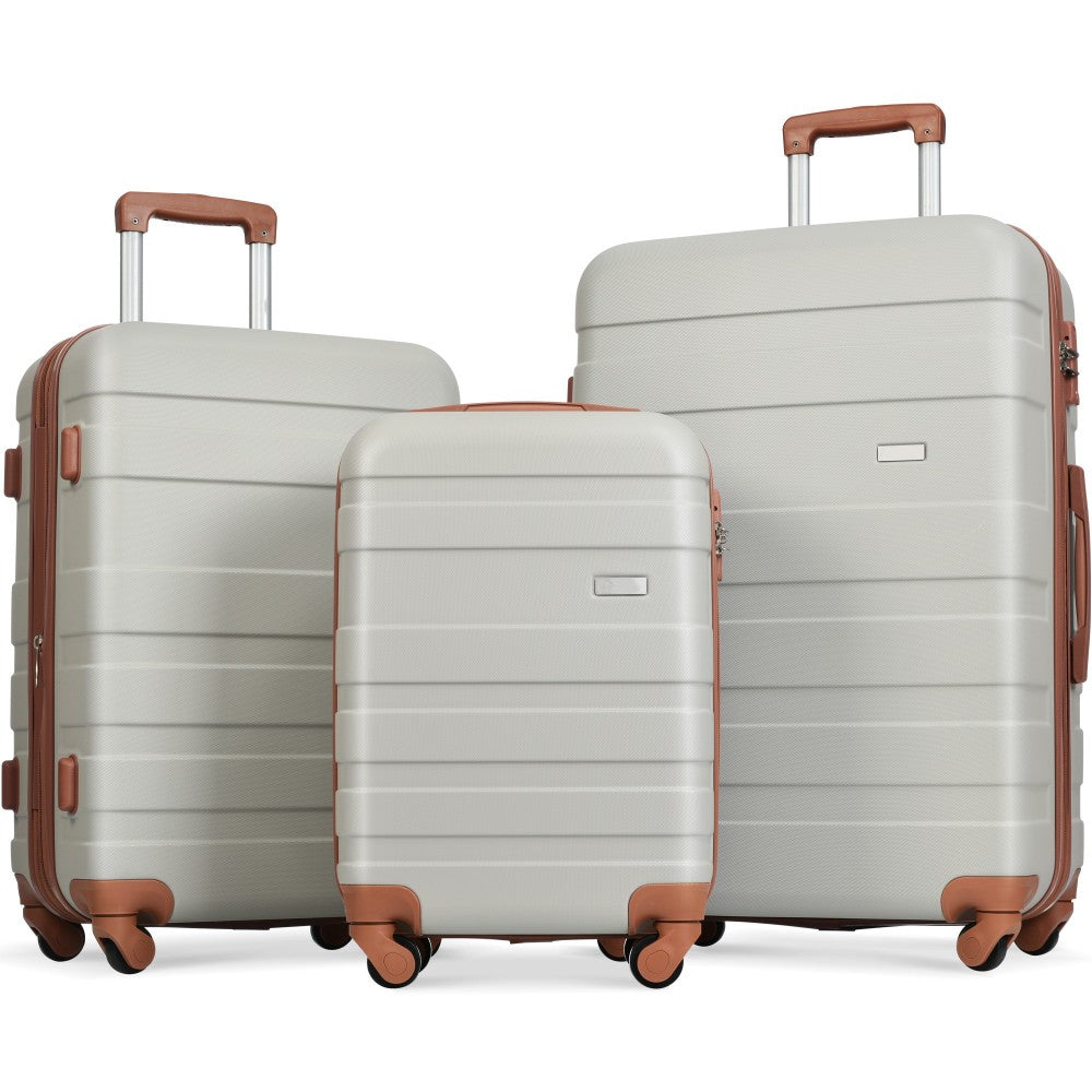 Luggage Sets New Model ABS Hardshell 3pcs Clearance Luggage Hardside Lightweight Durable Suitcase sets Spinner Wheels Suitcase with TSA Lock 20''24''28''(ivory and brown)
