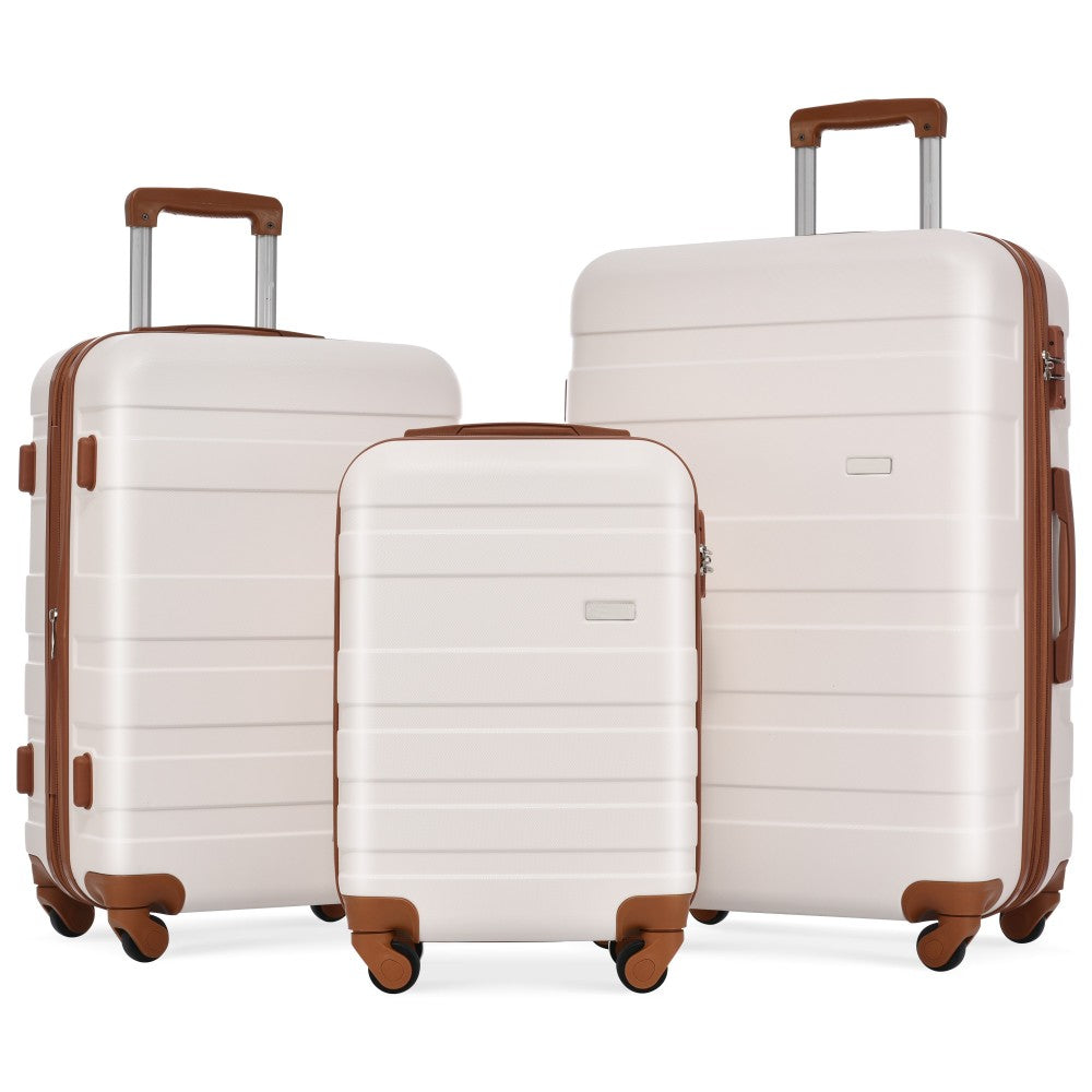 Luggage Sets New Model ABS Hardshell 3pcs Clearance Luggage Hardside Lightweight Durable Suitcase sets Spinner Wheels Suitcase with TSA Lock 20''24''28''(ivory and brown)