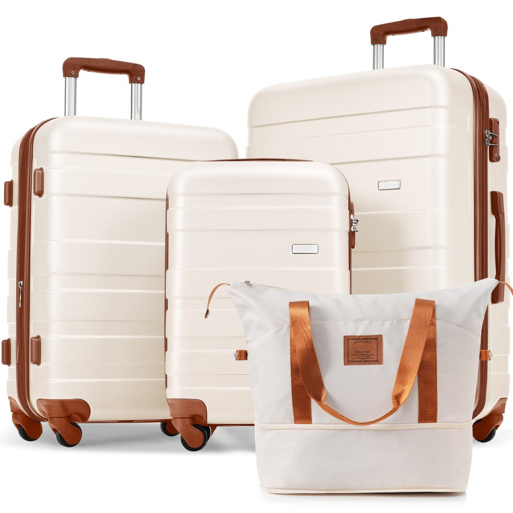 Luggage Sets New Model ABS Hardshell 3pcs Clearance Luggage Hardside Lightweight Durable Suitcase sets Spinner Wheels Suitcase with TSA Lock 20''24''28''(ivory and brown)