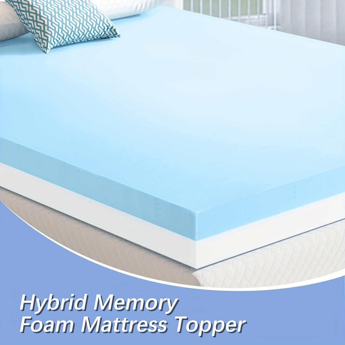 Dual Layer Hybrid Memory Foam Mattress Topper with Washable Removable Cover, High Density Ventilated Bed Pad for Enhanced Sleep Comfort, Zippered Light Blue Polyester