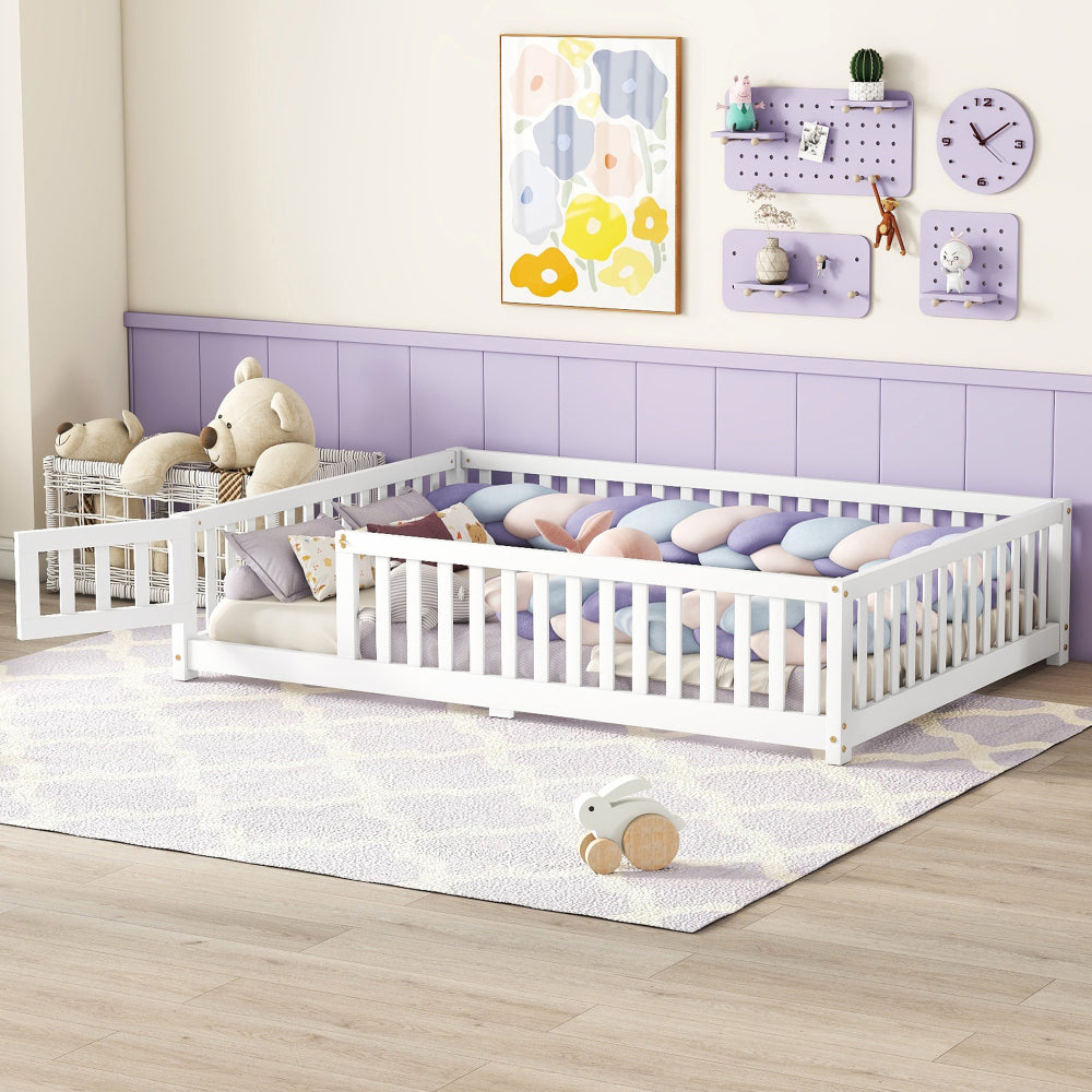 Full Size Bed Floor Bed with Safety Guardrails and Door for Kids, Natural
