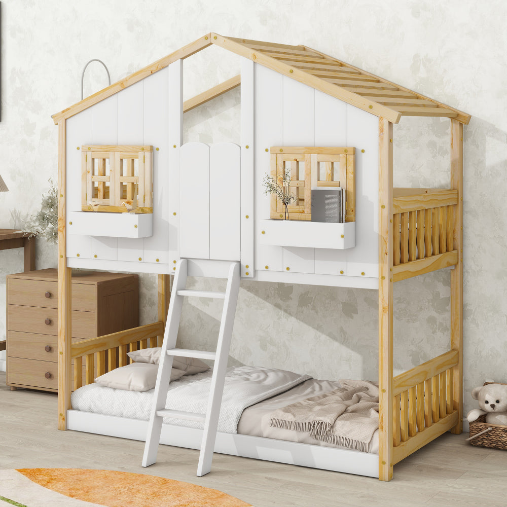 Twin over Twin House Bunk Bed with Roof , Window, Window  Box, Door , with Safety Guardrails and Ladder,White
