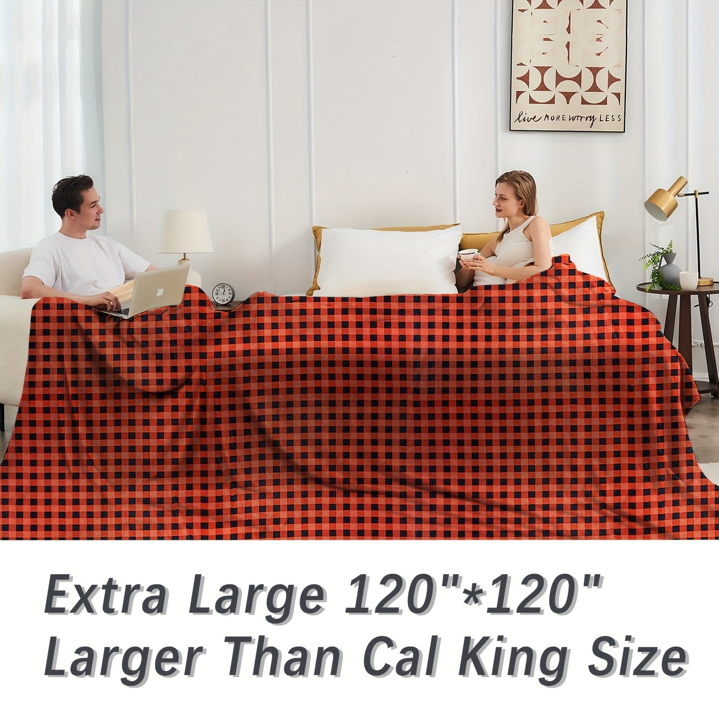 Extra Large Oversized Throw Blanket - 120x120 Inch, Double-Sided Gingham Print in Black & Red, Soft & Warm Non-Shedding Milky Plush Flannel, 450GSM Thick - Ideal for Bedroom, Sofa, Couch, Travel, Camping - Family Size, Camping Essential|Gingham Pattern Bl