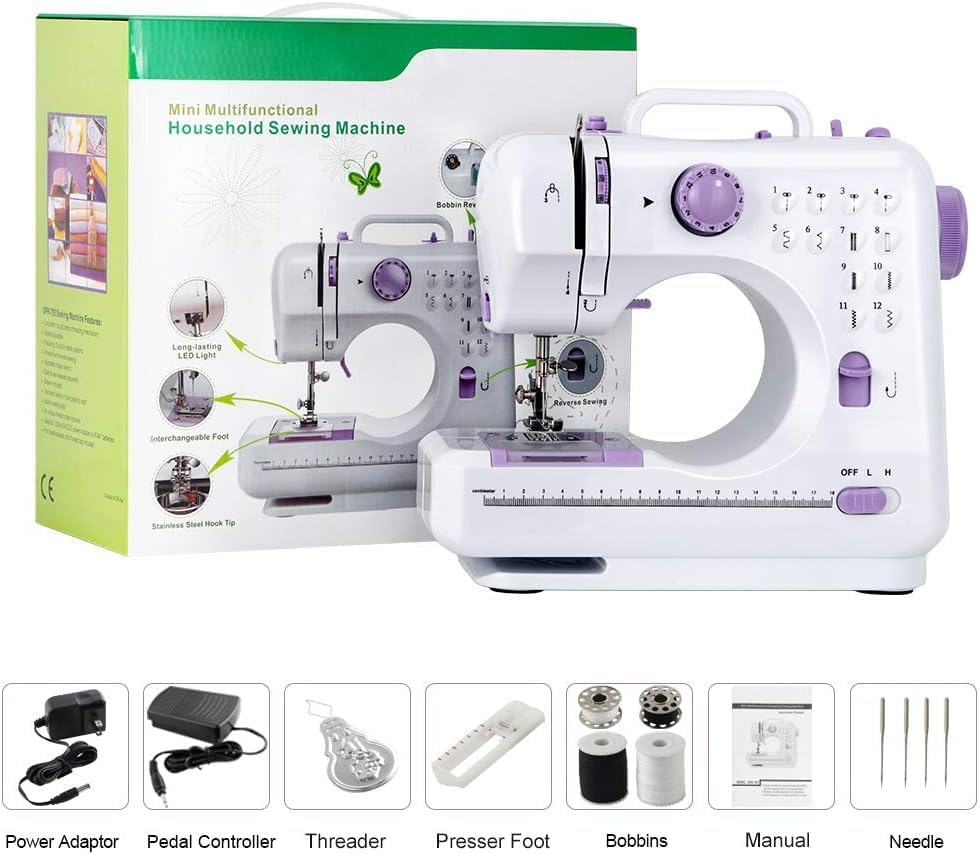 Portable Sewing Machine Mini Electric Household Crafting Mending Sewing Machines Multi-Purpose 12 Built-in Stitches with Foot Pedal for Home Sewing, Beginners(Purple)