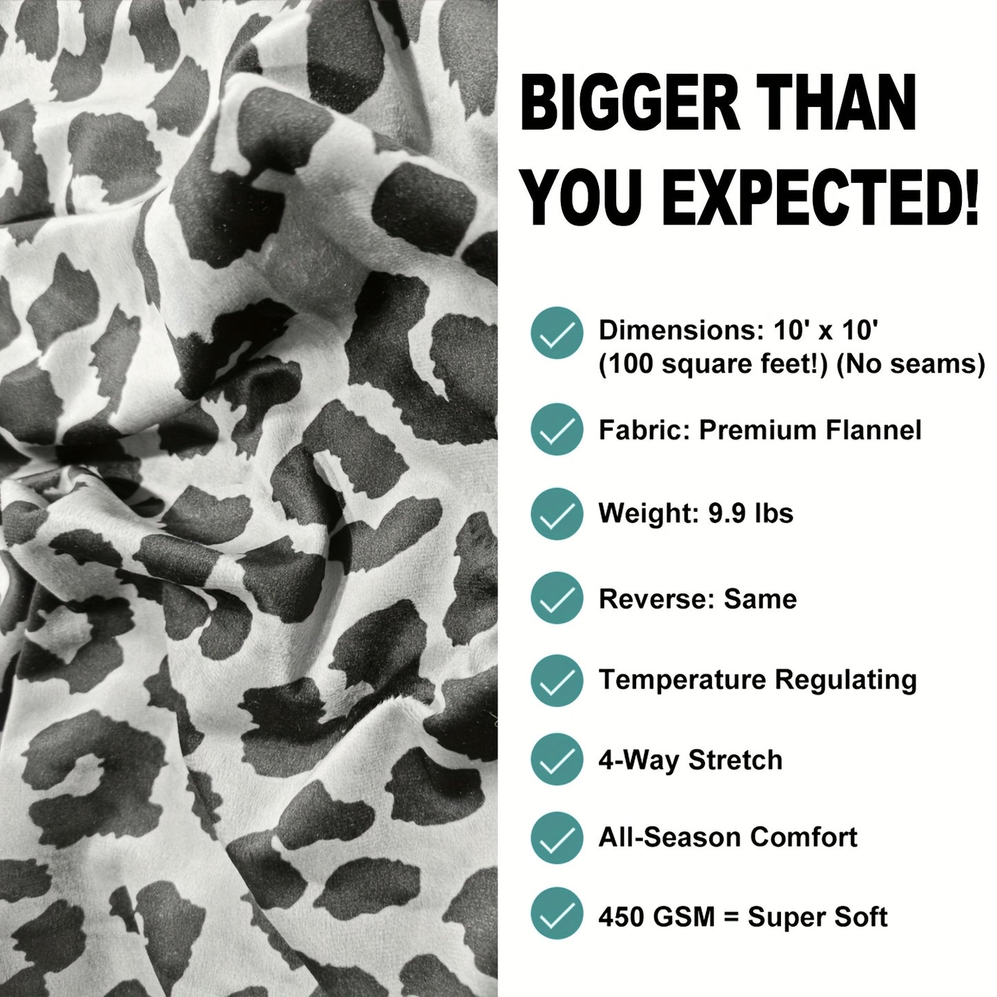 Super Oversized 120x120 Inch King Flannel Blanket - Dual-Sided Leopard Print, Soft & Cozy 450GSM Thick Wool, Machine Washable, Extra Large 10'x10' Winter Blanket for Bed, Sofa, Couch, Travel & Camping, California Huge Family Blanket