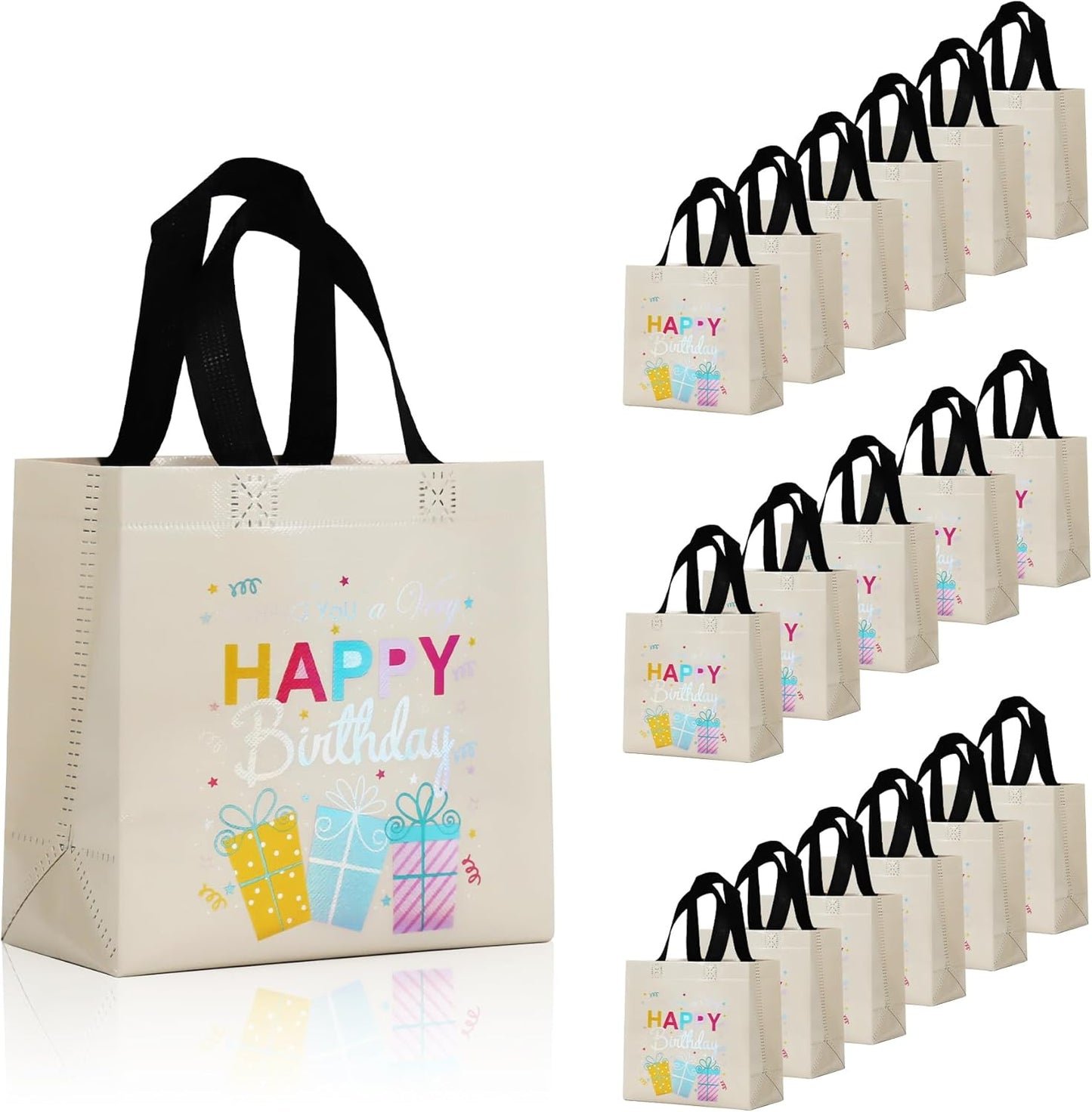 cabzymx 18 Pcs Sunset Gold Small Happy Birthday Gift Bags Bulk- with Funny Gift Design, Glossy Reusable Goodie Bags for Baby, Girls, Boys, Birthday Party- 8 x 3.9 x 8 In