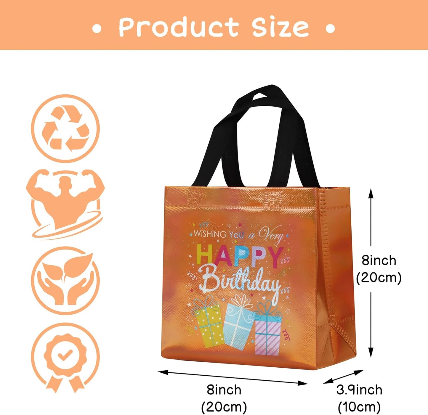 cabzymx 18 Pcs Sunset Gold Small Happy Birthday Gift Bags Bulk- with Funny Gift Design, Glossy Reusable Goodie Bags for Baby, Girls, Boys, Birthday Party- 8 x 3.9 x 8 In