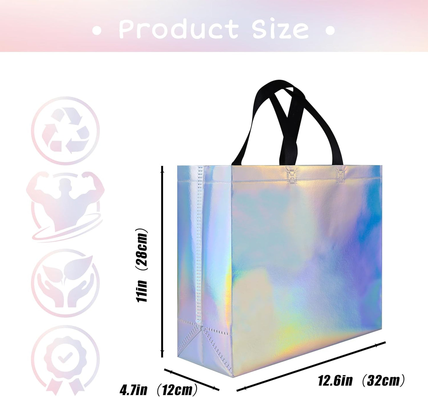 cabzymx Iridescent Glossy Gift Bags 15 pcs, 12.6x4.7x11 In Non-woven Reusable Goodie Bags Bulk, with Black Handles & Sturdy Base, Christmas Gift Bags for Birthday, Wedding, Easter, Holiday Party