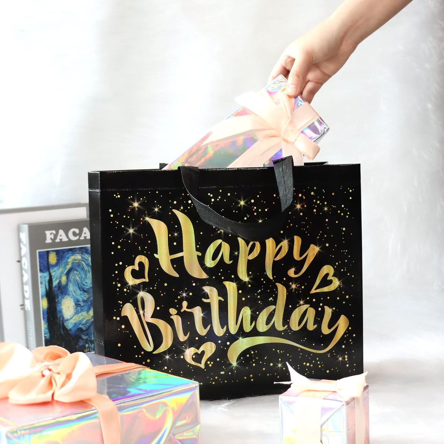 cabzymx 22 Pcs Black Birthday Gift Bags with Yellow Gold Happy Birthday Letters Banner, 12.6 x 4.7 x 11 In Reusable Party Gift Bags Bulk for Kids, Adults Birthday Party