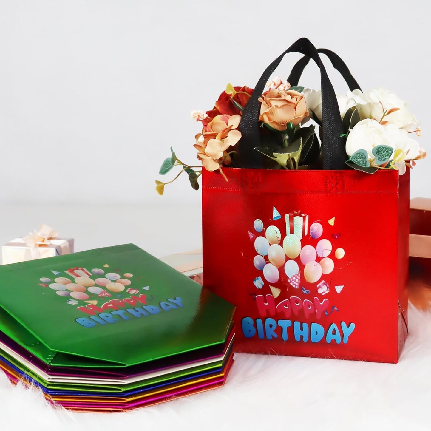 cabzymx Small Birthday Gift Bags with 9 colors, 18 Pcs Balloons Pattern Happy Birthday Party Bags with Bases for Girls, Boys-Multicolor