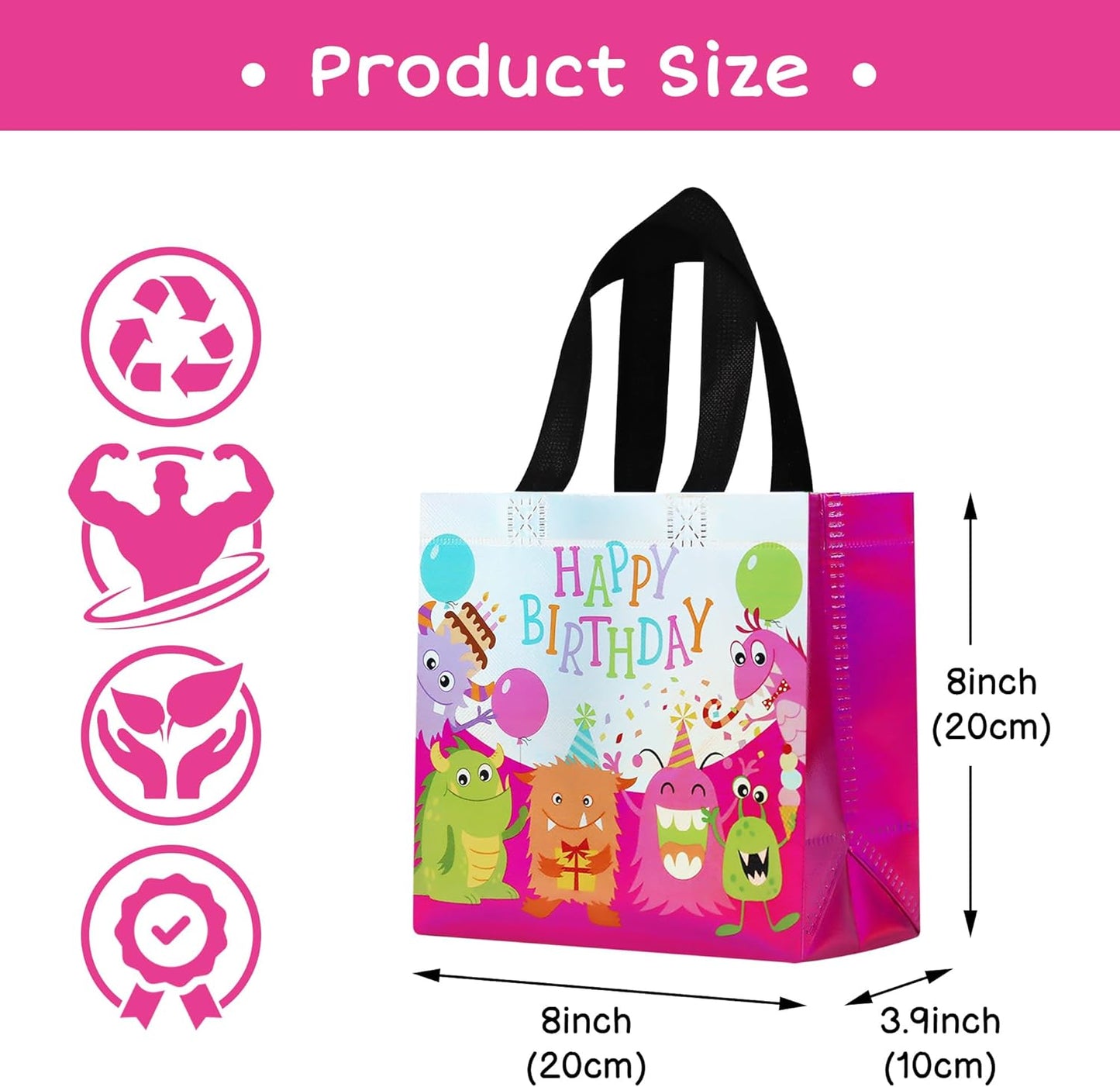 cabzymx Small Pink Birthday Gift Bags with Handles, 18 Pcs Cartoon Pattern Happy Birthday Party Bags Bulk for Girls, Boys