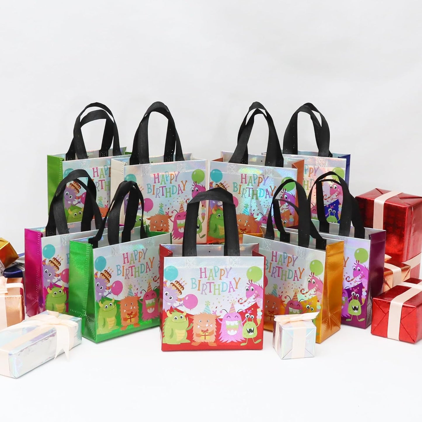cabzymx Small Birthday Gift Bags with 9 colors, 18 Pcs Cartoon Pattern Happy Birthday Party Bags with Bases for Girls, Boys-Multicolor