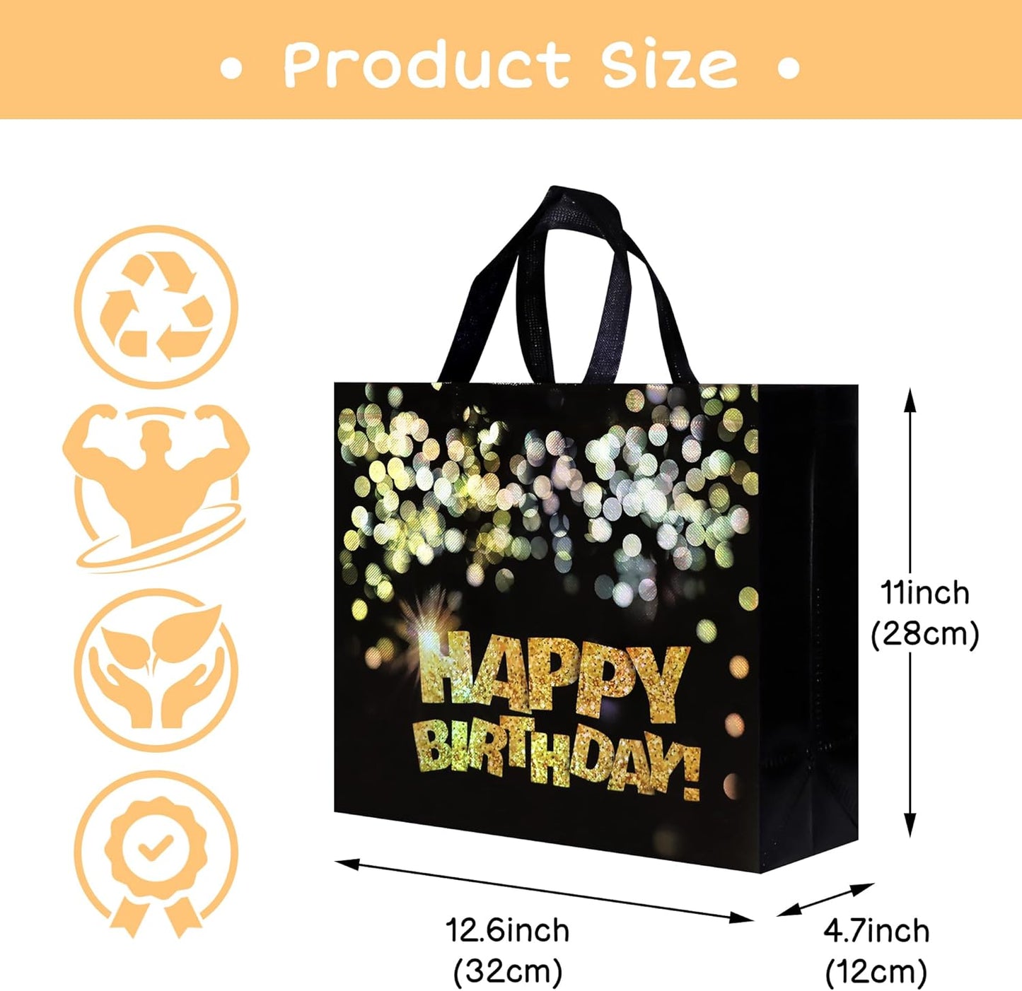22 pcs Black Birthday Gift Bags with Bases, 12.6 x 4.7 x 11 In Large Happy Birthday Party Bags with Gold Shiny Polka Dot, Non-woven Reusable Gift Bags for Girls, Boys, Women, Men