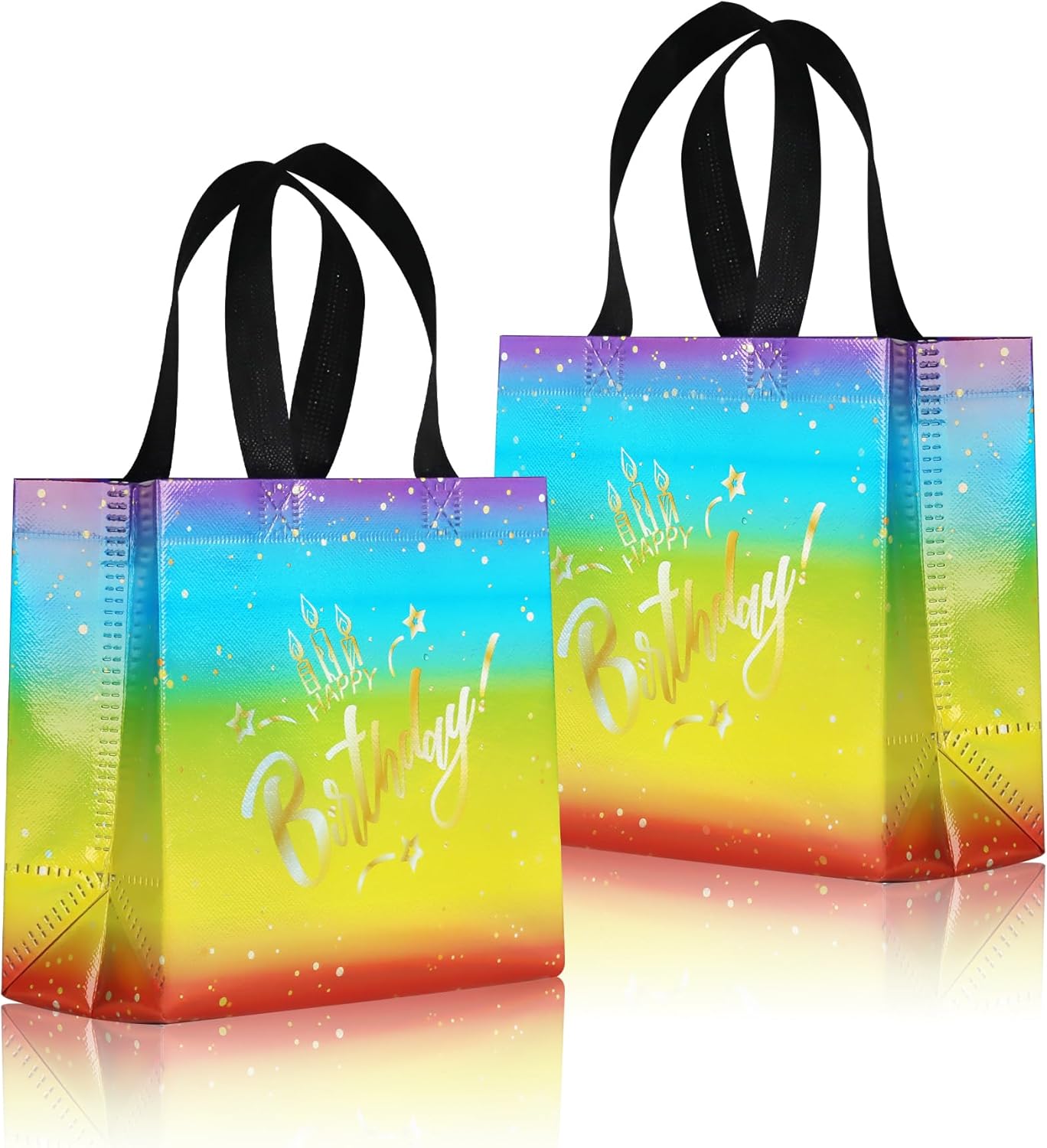cabzymx 18 Pcs Sunset Gold Small Happy Birthday Gift Bags Bulk- with Funny Gift Design, Glossy Reusable Goodie Bags for Baby, Girls, Boys, Birthday Party- 8 x 3.9 x 8 In