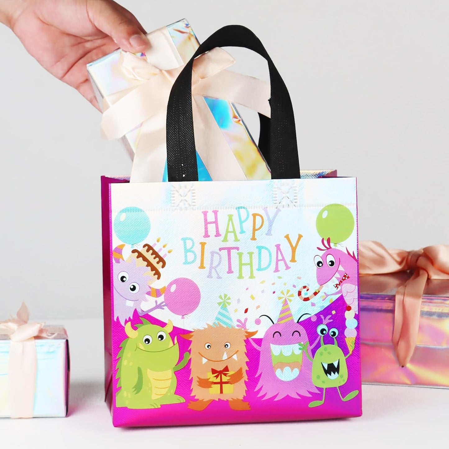 cabzymx Small Pink Birthday Gift Bags with Handles, 18 Pcs Cartoon Pattern Happy Birthday Party Bags Bulk for Girls, Boys